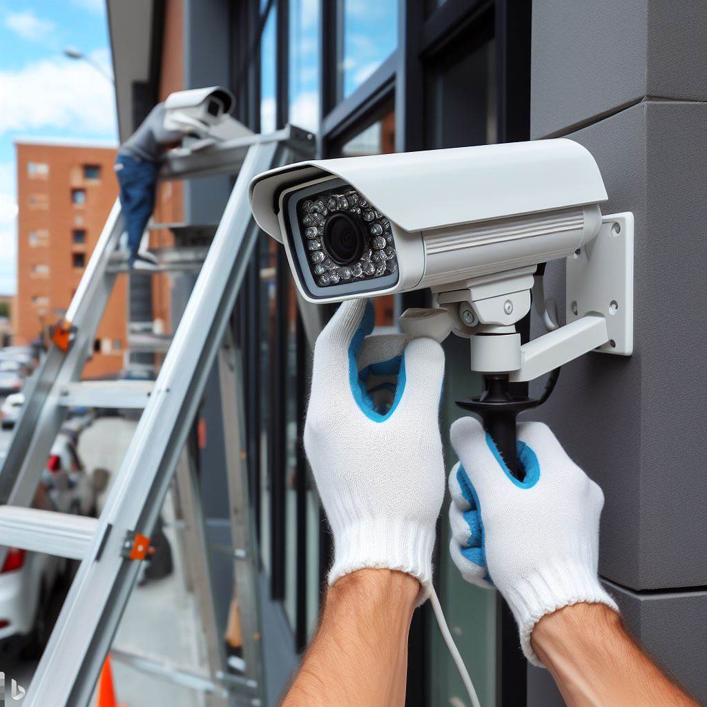 man installing cctv video camera